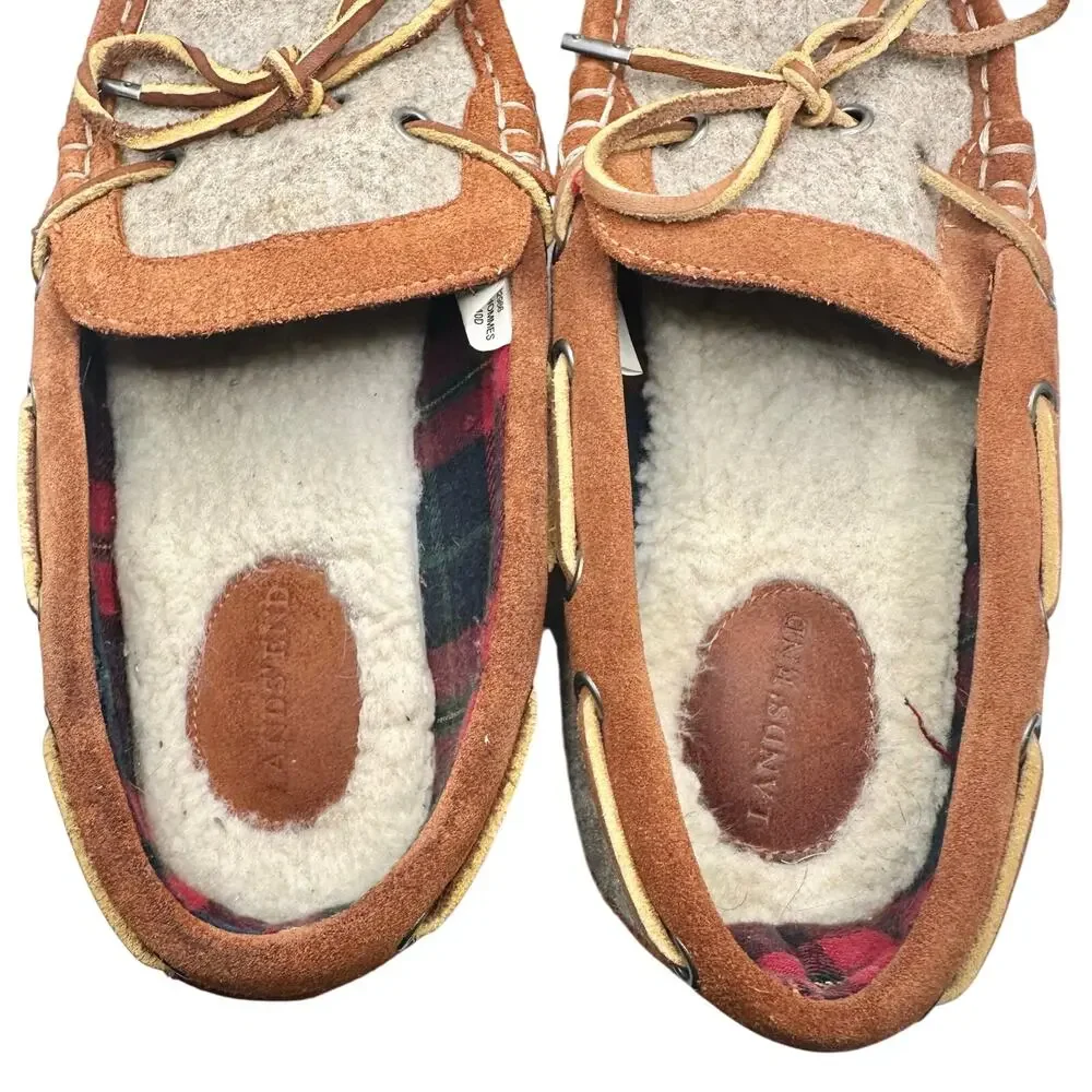 Lands’ End | Men | Wool Felt Suede Leather Brown Cozy Moccasin Slippers | 10 D